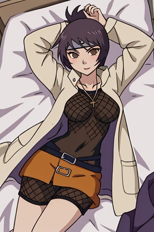 Sexy, anime, ass, sensual and seductive pose, cute, sexy, hot, laying in bed, mitarashi anko, forehead protector, necklace, trenchcoat, mesh top, mesh shorts, orange skirt