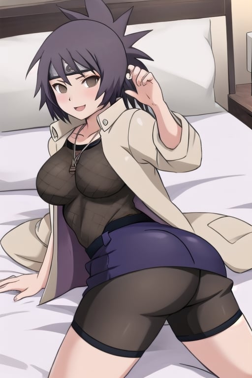 Sexy, anime, ass, sensual and seductive pose, cute, sexy, hot, laying in bed, mitarashi anko, forehead protector, necklace, trenchcoat, mesh top, mesh shorts, orange skirt