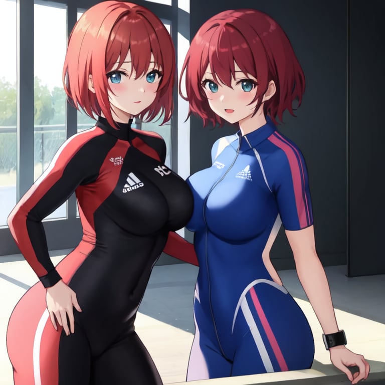 waifu, red hair, sport suit, short hair, medium breast, beatiful