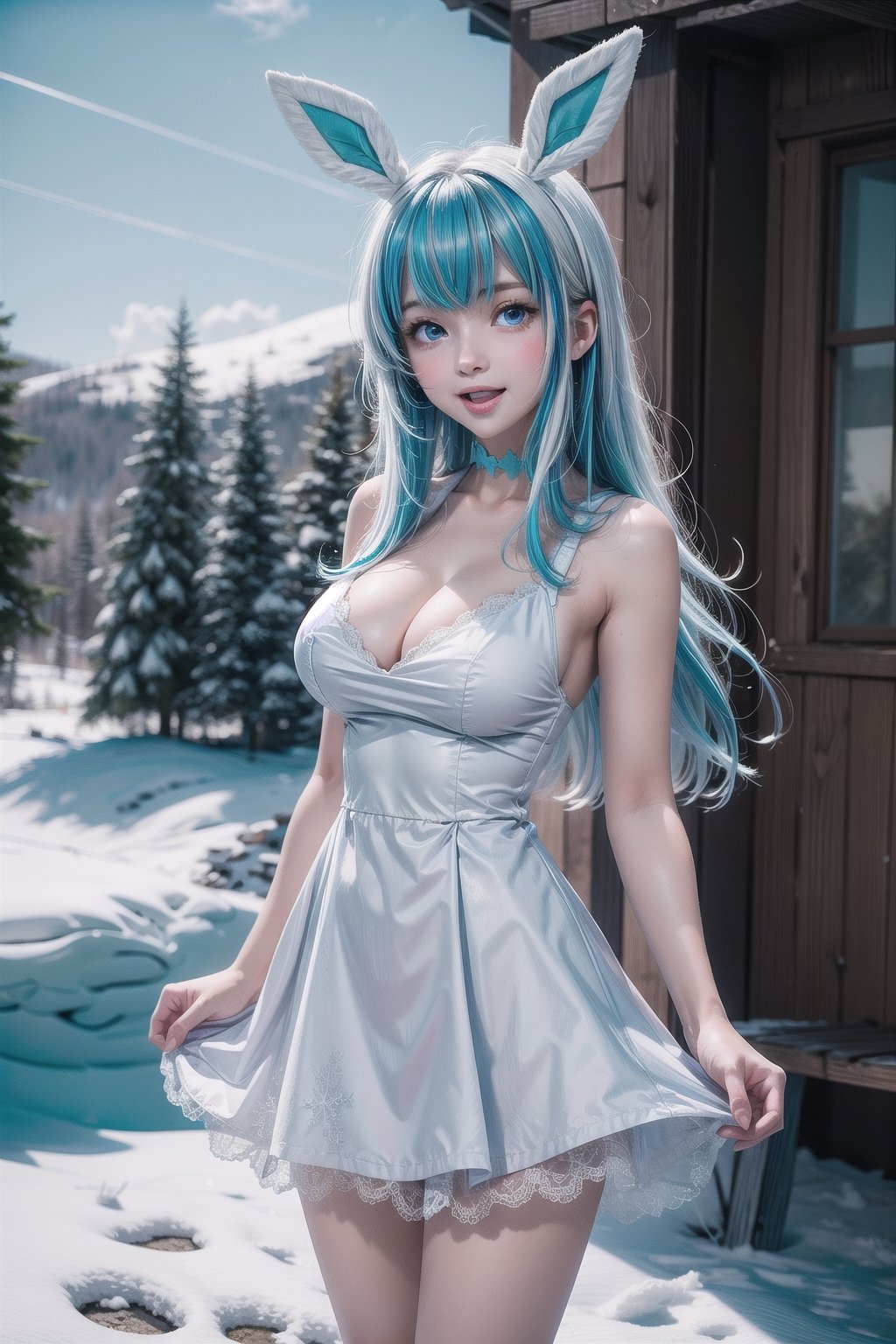 1girl, solo, long hair, breasts, looking at viewer, blush, smile, bangs, blue eyes, dress, animal ears, bare shoulders, medium breasts, open mouth, blue hair, standing, white hair, sidelocks, multicolored hair, big breasts, outdoors, sky, sleeveless, day, cloud, white dress, two-tone hair, blue sky, bare arms, sleeveless dress, short dress, cleavage, snowy winter landscape with a cozy cabin in the woods, surrounded by tall pine trees dusted with snow, the sky should be a soft, pale blue, and large, fluffy snowflakes should be falling gently from the sky, covering the ground in a pristine blanket of white, perfect hands, better hands, 