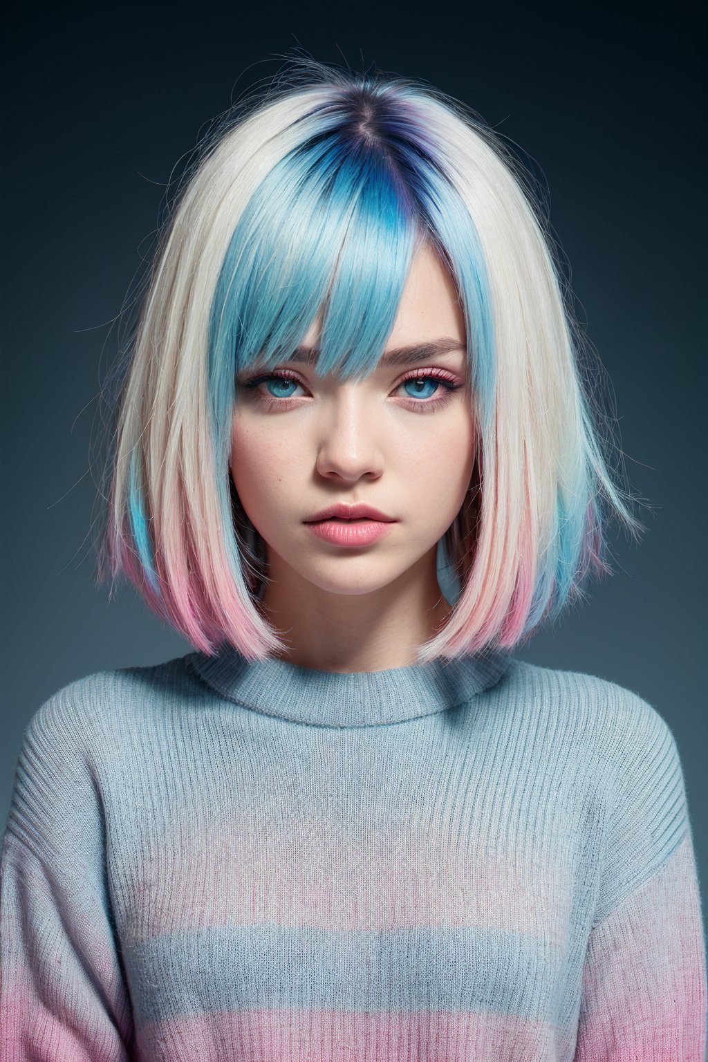 RAW Photo, DSLR, professional color graded, BREAK ((Chromatic aberration)) portrait of 1woman, hourglass-shaped torso, solo, multicolored hair, ((gradient hair), white+(blue)+(pink:0.8) hair//), very long hair, messy hair, bangs, ahoge, ((gradient eyes), pink+light_blue eyes//), slit pupils, glowing eyes, :o, white sweater, best quality