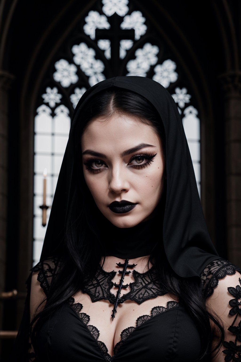 portrait of Badass goth nun, eyelash extensions, black lipsticks, black lace bra, gothic church background