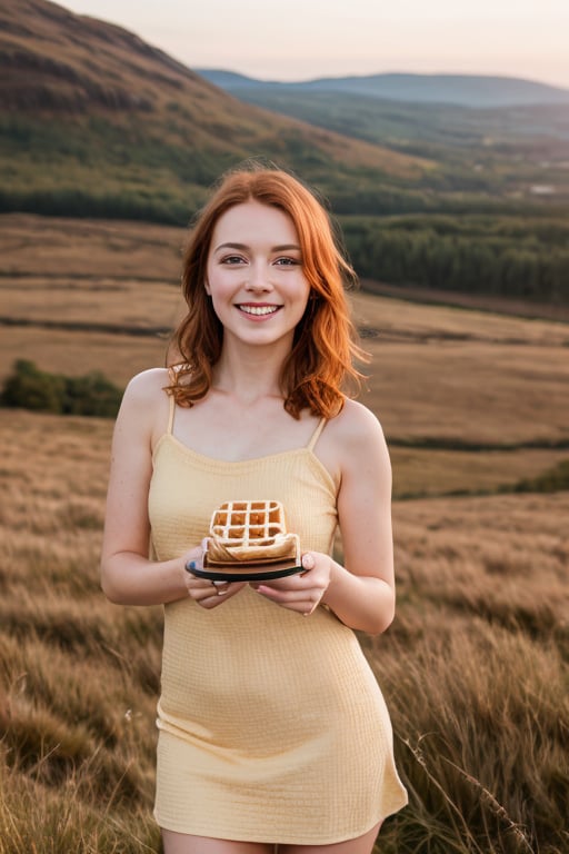 RAW Photo, DSLR, professional color graded, BREAK (masterpiece:1.3), (best quality:1.2), (intricate detailed:1.2), (hyperrealistic:1.2), (professional photograpy:1.1), highly detailed, absurd res, ((closeup portrait)), pretty redhead woman, (laughing:0.8), looking at viewer, smiling, wearing minidress, (holding up a waffle:1.25), magical, (golden hour:1.2), Scottish highlands background, mountain, grass,