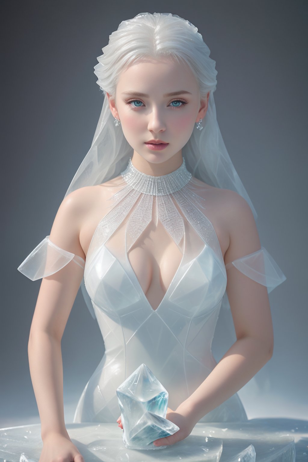 8K resolution, intricate detail, sophisticated detail, portrait of girl with IceAI dress, silver hair, albino girl, pale skin, big breasts, clevage, (highly detailed:1.2),(best quality:1.2),(8k:1.2), sharp focus, subsurface scattering, award-winning photograph, (professional portrait photography:1.2), RAW photography (very detailed background:1.2), dramatic lighting, by artgerm annie leibovitz wlop herb ritts, IceAI