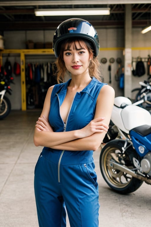 fashion portrait, looking at camera, posing for camera, 1girl, curly bangs, curly hair, long hair, blonde hair, blue eyes, makeup, smirk, sweaty, holding Motorcycle helmet, motorcycle sporty jumpsuit, unzipped, cleavage, Japanese Sporty Motorcycle hot day, outdoors, mechanic shop, garage, volumetric lighting, realistic, blurred background