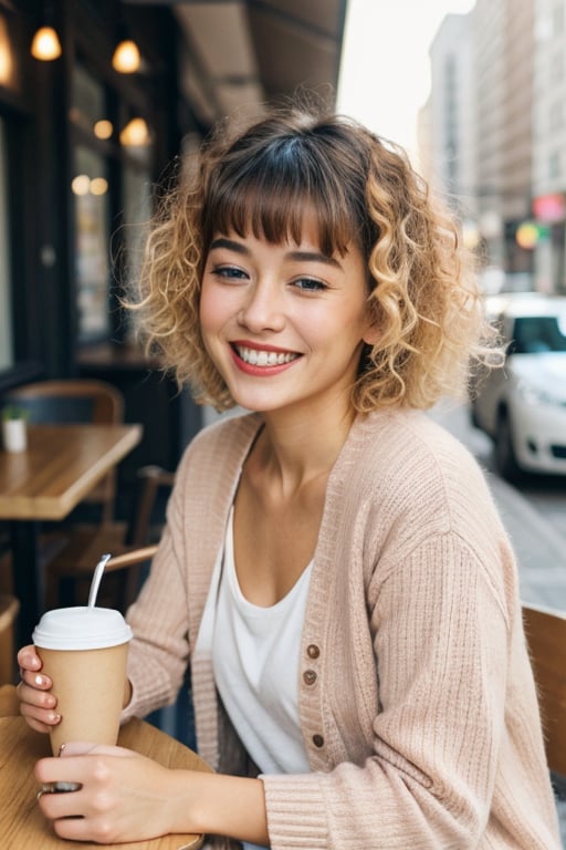 fashion portrait, looking at camera, upperbody, 1girl, curly bangs, curly hair, medium hair, blonde hair, blue eyes, makeup, smiling, teeth, half closed eyes, beige cardigan, collarbone, holding coffee cup sitting at table, cafe, outdoors, bustling city, volumetric lighting, realistic, blurred background