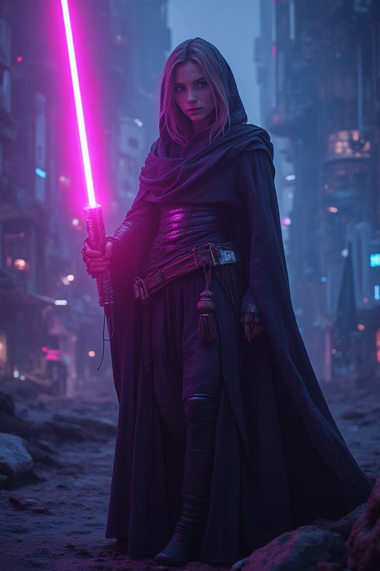 astroflux_v101, | confident female jedi with tied up top, midriff peak, hood cape, holding with his left hand a pink lightsaber, standing in front of a futuristic city,noc-futuristic