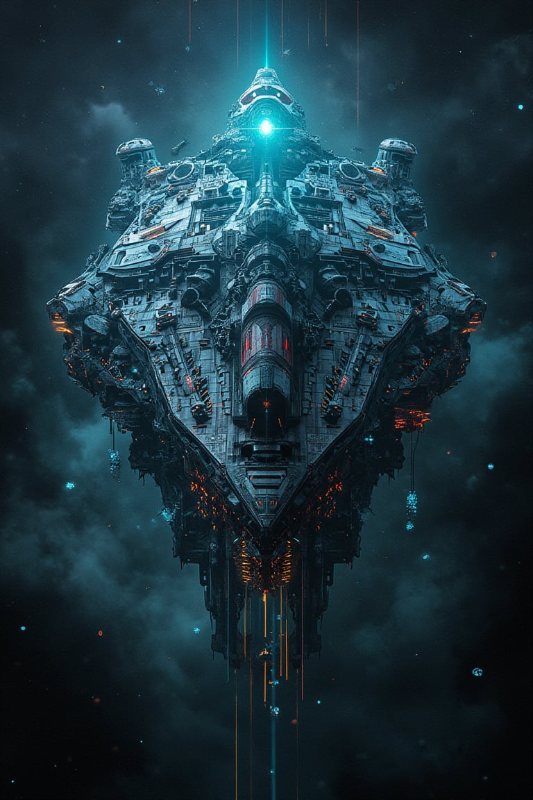 (generate sci-fi novella book cover:1.4), in the style of star trek ; there is a spaceship, it is an imposing exploration spaceship and it appears battered and worn, as if it had weathered a brutal attack ; Debris trails linger in the surrounding space, a grim reminder of the ship's struggles ;,noc-futuristic