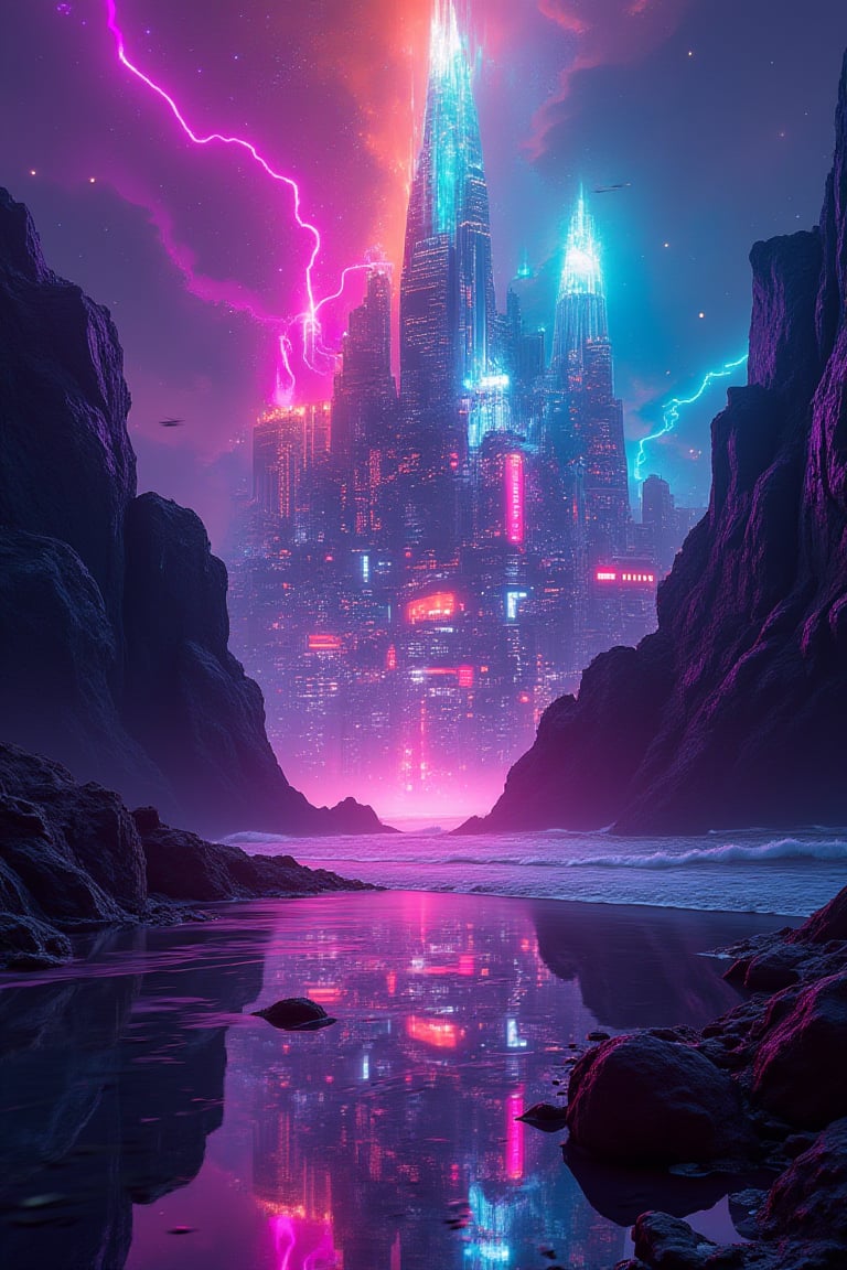 an alien city, reflected in the ocean surrounding it, masterpiece, neon splash art, vibrant surreal colours.,niji,,noc-fantasy