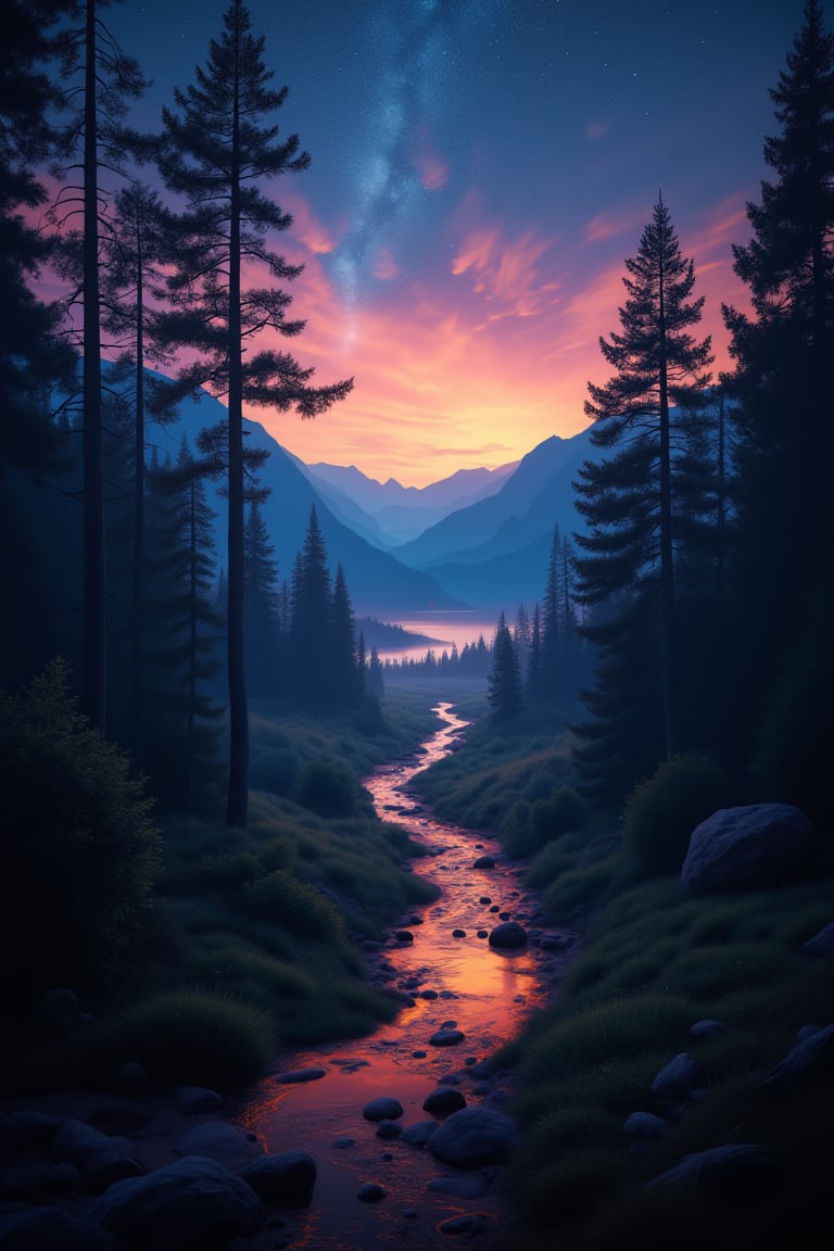 Dawn, intricate, recognizing the land, into the forest, only light of the stars, wonderful sky, view from the low, deep background, cinematic light. dynamic light, noc-fantasy