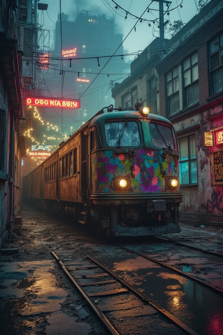 Illustration, Surreal grunge photo of a rusted, old-timey train lost and graffitied, twisting and turning on a MÃ¶bius strip of realities, dimly lit, vibrant spray paint colors, urban decay, crumbling concrete, rusty metal, vandalized, gritty texture, run-down buildings, neon signs, broken windows, foggy, night setting, street lights, rainy, wet pavement, dark shadows, film noir, HDR, high contrast, detailed, intricate, intriguing, ominous, ominous atmosphere, cyberpunk, post-apocalyptic, dystopian, thought-provoking, reality-bending, twisted, surreal, abstract, conceptual, mysterious, enigmatic, perplexing, brain-twisting, mind-bending, trippy, psychedelic, warped, surrealistic, gritty, textured, layered, detailed, weathered, atmospheric, intricate, complex, multi-dimensional, multi-layered, surreal surrealism, gritty grunge, urban decay, street art, graffiti, tagging, vandalism, thought-provoking, reality-questioning, enigmatic, cryptic, mysterious, trippy, psychedelic, mind-bending, surreal, conceptual, immersive, evocative, powerful, impactful, emotionally-charged, thought-provoking, intriguing, captivating, awe-inspiring, breathtaking, stunning, mesmerizing, powerful, evocative, cinematic, visually-stunning, high-quality, detailed, intricate, immersive, atmospheric, surreal, abstract, conceptual, thought-provoking, reality-questioning, enigmatic, cryptic, mysterious, trippy, psychedelic, mind-bending,, Katsuhiro Otomo style, perfect anatomy, superb detail, It must not be commonplace, Must have a very complex structure, Must have a very high degree of randomness, Must be an image that no one has ever seen before, It has to be very original, Must have tremendous detail, It has to be of the highest artistic quality, It has to be the ultimate, Failure is not an option,noc-futuristic,noc-fantasy