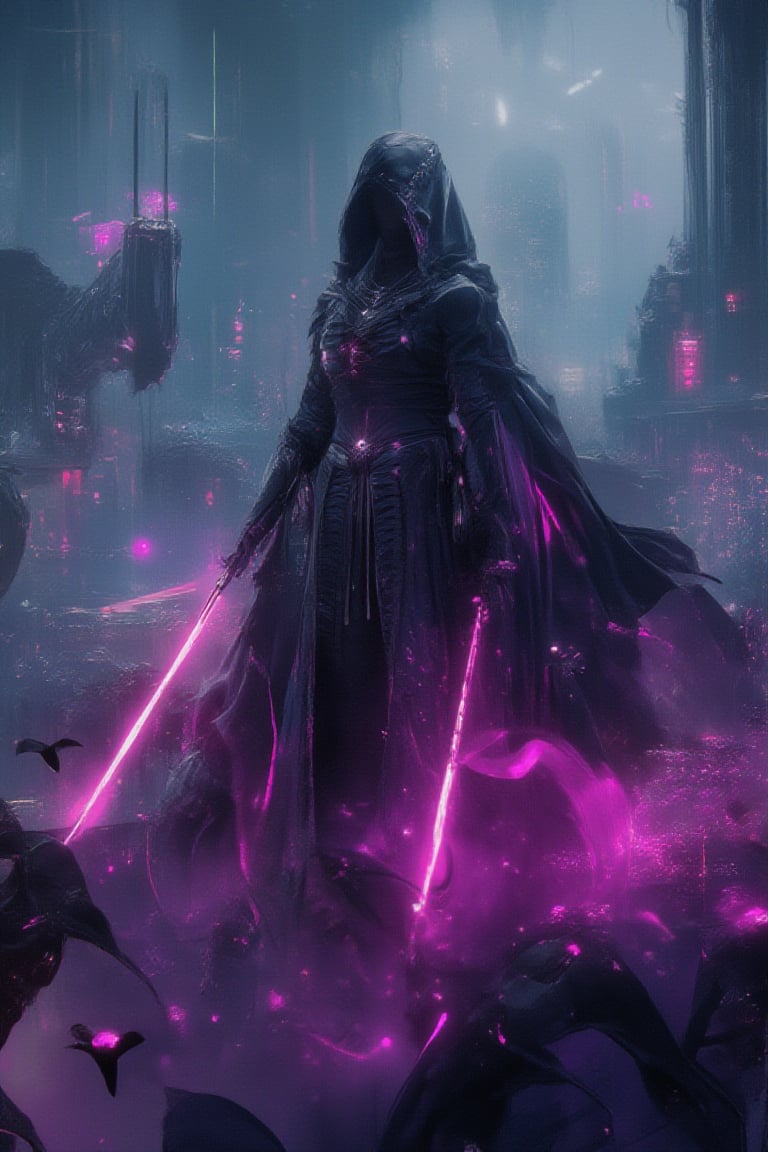 astroflux_v101, | confident female jedi with tied up top, midriff peak, hood cape, holding with his left hand a pink lightsaber, standing in front of a futuristic city,noc-futuristic,niji