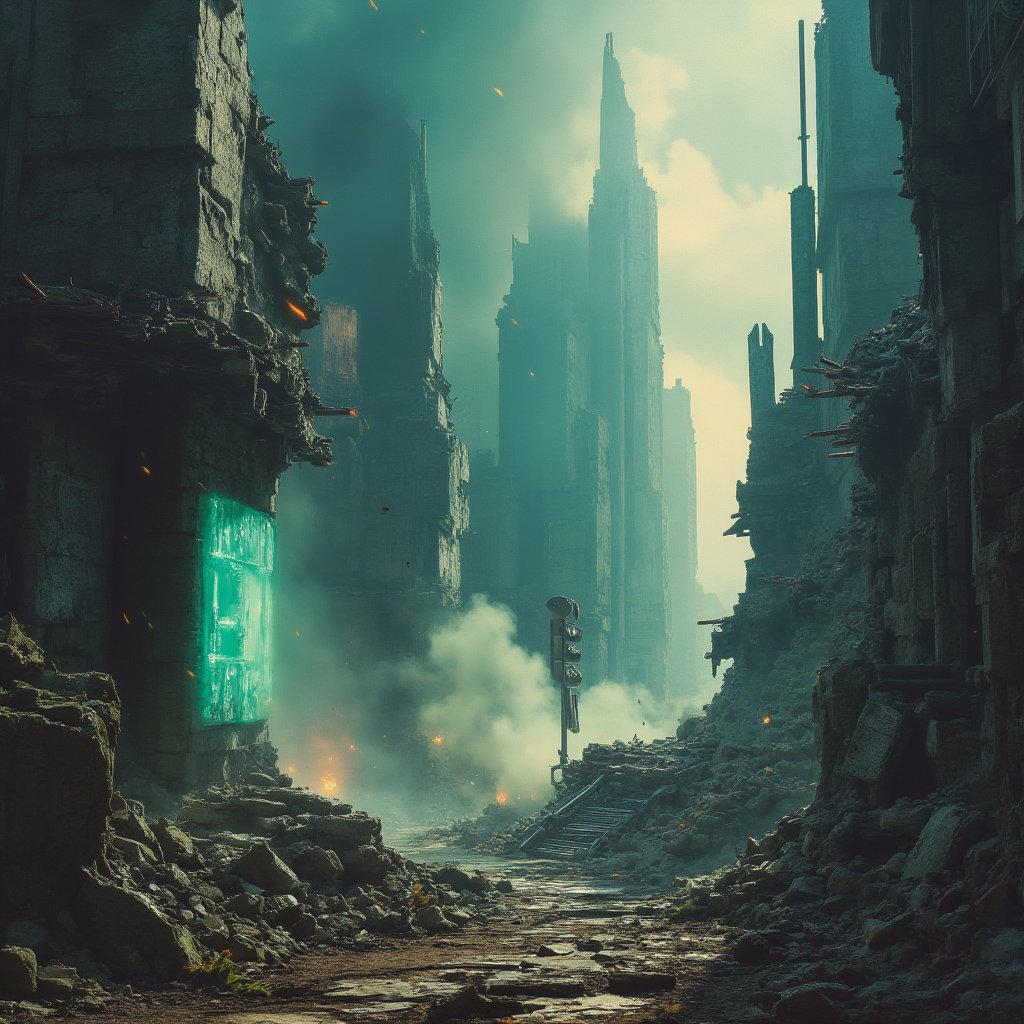 Beksinski-inspired painting of a dystopian, 

post apocalyptic futuristic city,shattered crystal spires,rubble strewn street,broken machines,(best quality,4k,8k,highres,masterpiece1.2),ultra-detailed,realistic1.37,HDR,UHD,studio lighting,physically-based rendering,extreme detail description,professional,vivid colors,dystopian aesthetics,dark atmosphere,surreal,gritty,ominous,desolate landscape,decaying architecture,dark clouds,glowing neon lights,dust-filled air,mysterious shadows,abandoned vehicles,dilapidated skyscrapers,dystopian technology,overgrown vegetation,collapsed bridges,crumbling infrastructure,figurative sculptures,ancient ruins,heaps of metal,dark alleys,ominous reflections,glimmers of hope. Highly detailed, 35mm photograph, film, bokeh, professional, 4k,  , cinematic look, . 

The atmosphere is dark and oppressive
The color palette is muted and grim, dominated by shades of gray, black, and sickly green, evoking a sense of desolation and eerie, otherworldly despair.,beksinskiart,noc-landscape,noc-detail