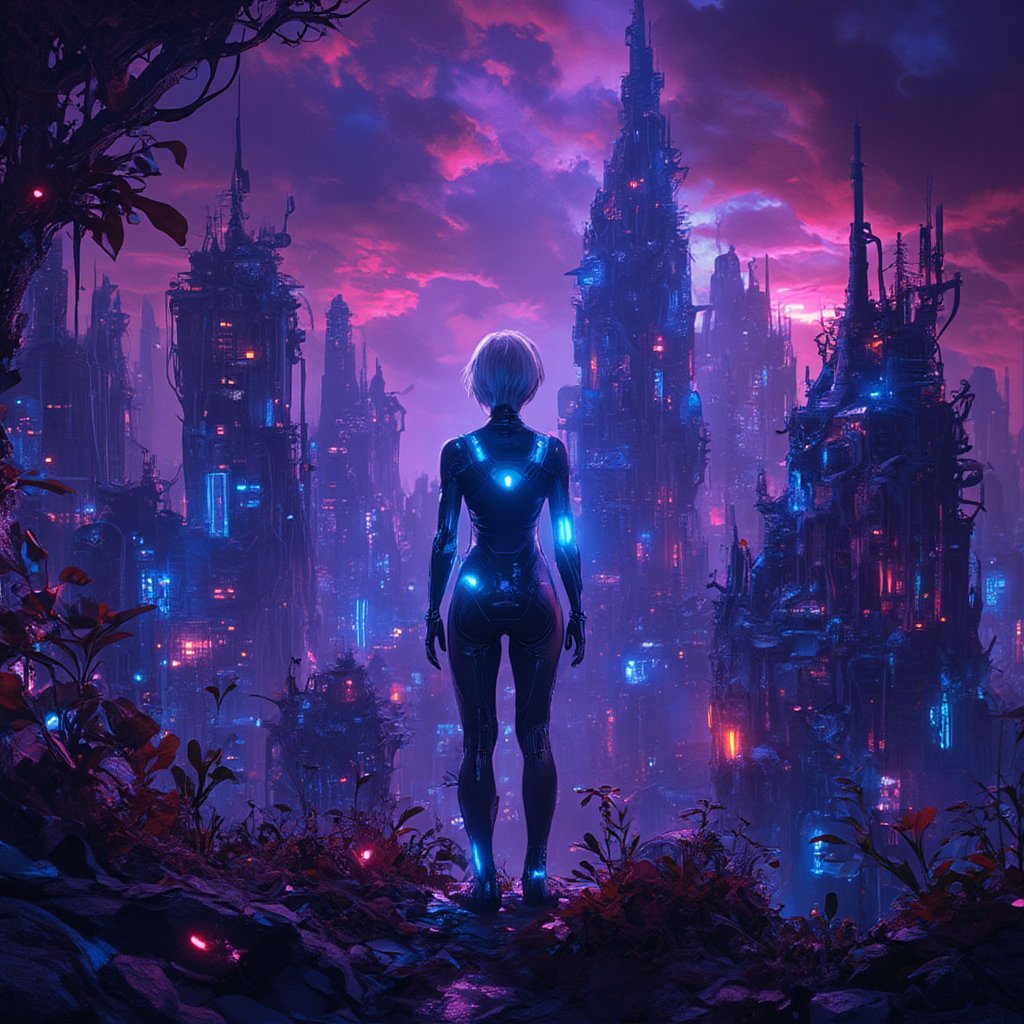 A cybernetic girl with glowing blue eyes and mechanical limbs, standing in the heart of a surreal biomorphic city. The city is filled with undulating, organic structures that seem to breathe and move, their surfaces covered in alien plant life and intricate bio-mechanical designs. The girl, with short white hair and a sleek, metallic bodysuit, looks out over the city from a high vantage point, her expression one of determination. Neon lights reflect off her cybernetic body, casting intricate shadows on the ground below. The sky is a swirl of dark purple and red, adding a sense of surreal beauty to the scene.,dystopian,noc-futuristic