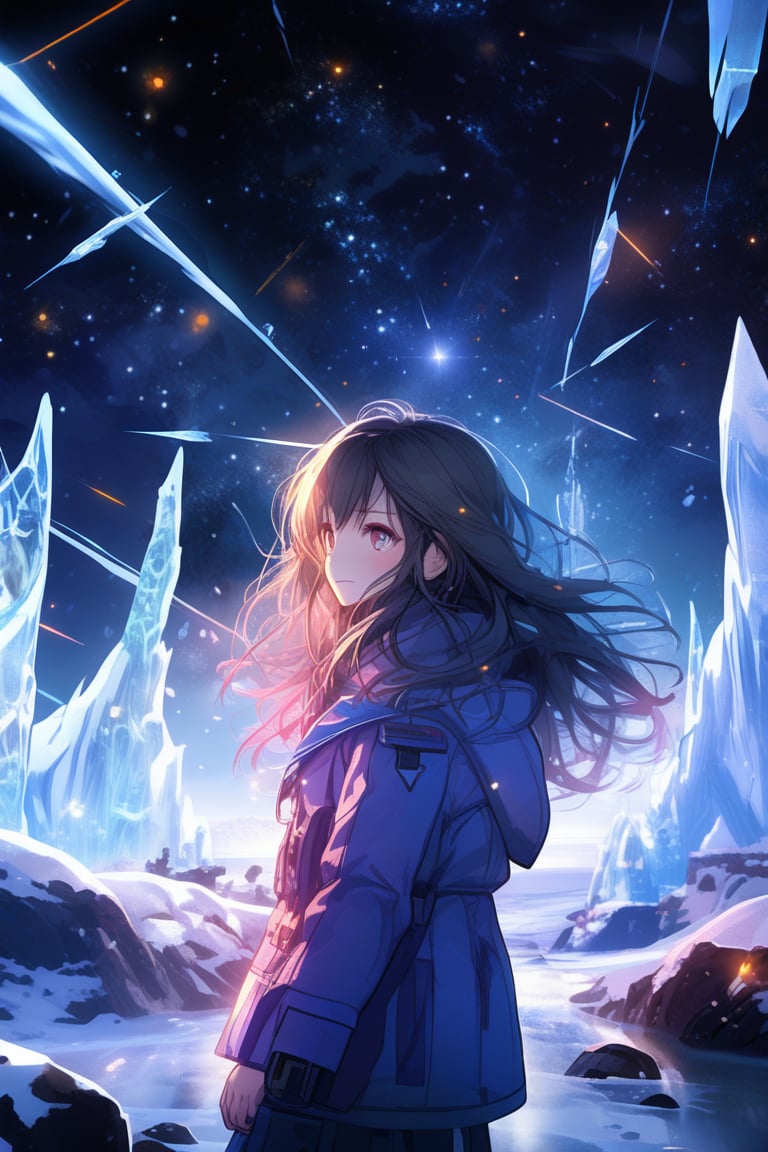 1 girl portrait, charming, nature, neon light, look at viewer,Anime Style, ice, space background,noc-space