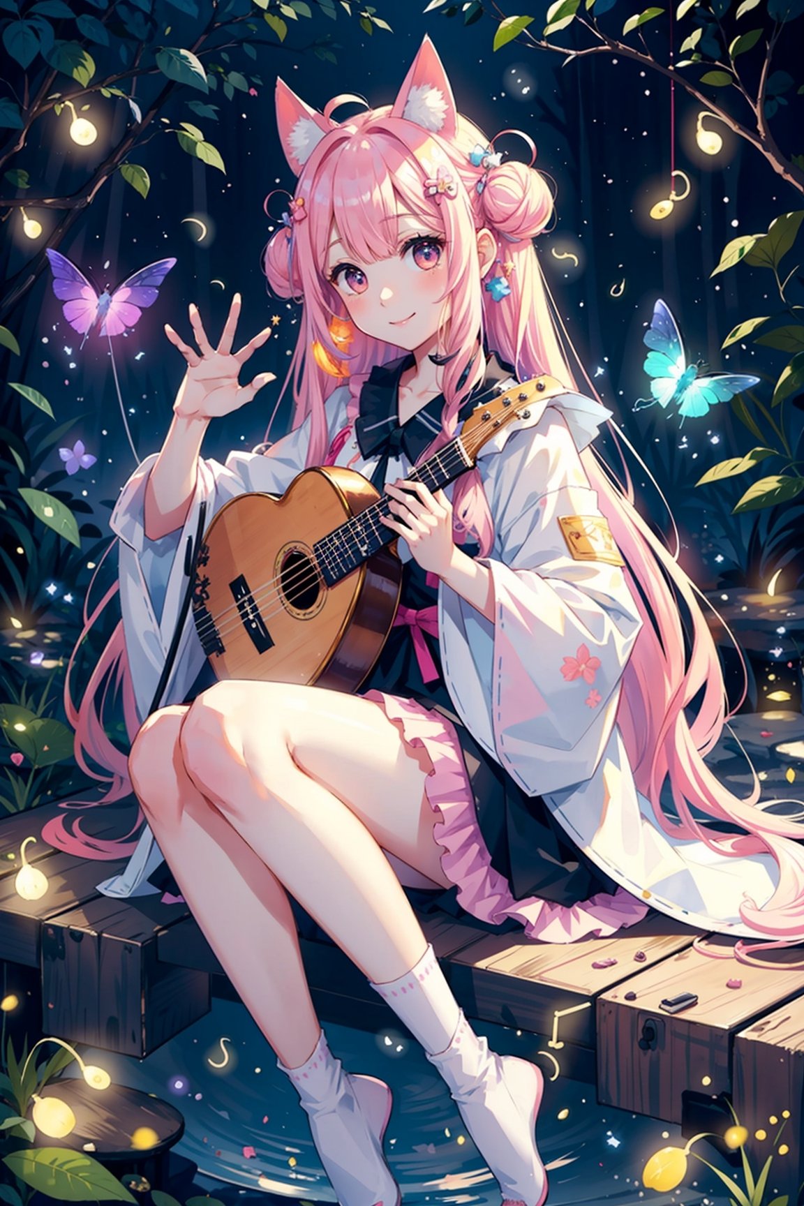 (masterpiece, best quality, highres:1.3),  1girl, animal ears, pink hair, kawaii,  long hair, lute,cute face, musical, harp,  (music notes floating in the ar), fantasy, harmony, melody, soft, night time, (fireflies:1.3), (serene background:1.3), vivid color, sitting, (magical, musical aura:1.3), smile softly, forest, leaf, bird on head, nature, sitting,takane shijou