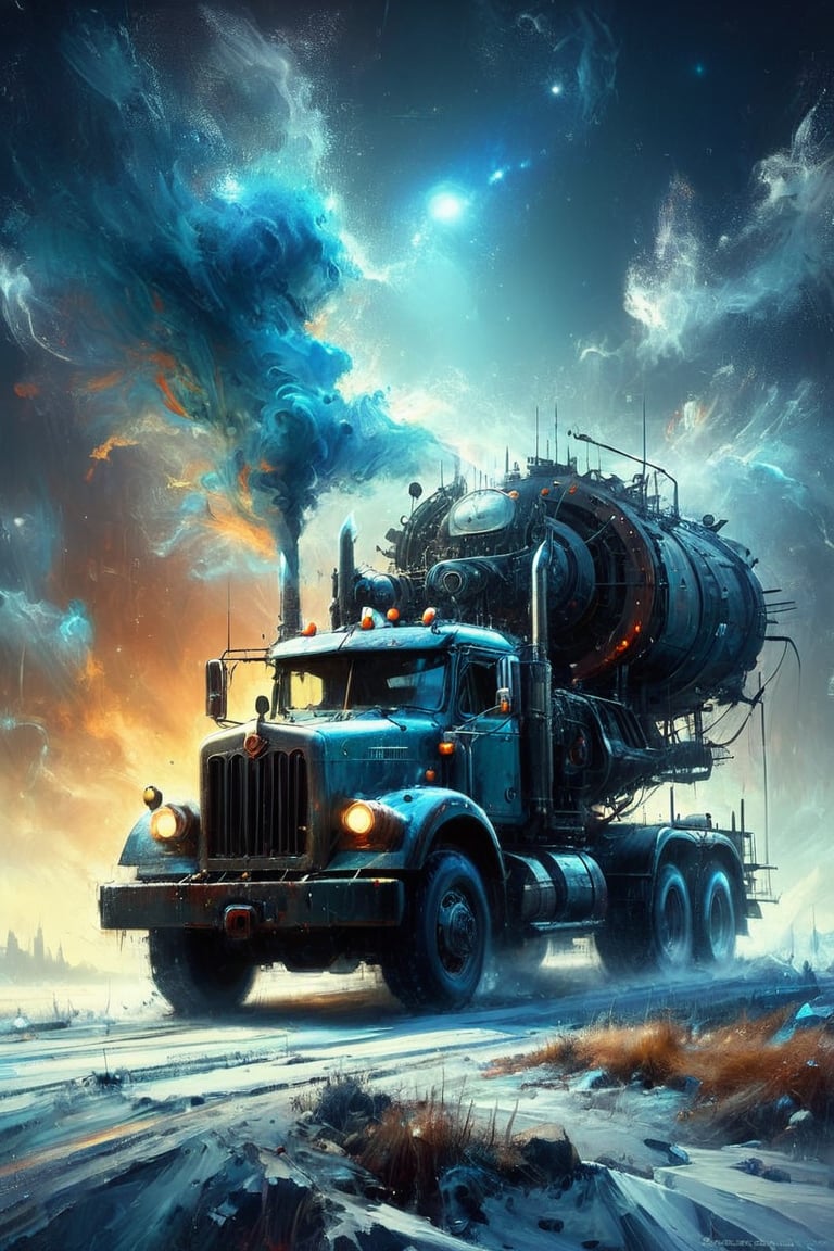 Iceroad trucker, dieselpunk, biopunk, dreampunk, fractal art, surrealism, abstract art, experimental art, ralph steadman, russ mills, simon stålenhag,noc-mgptcls