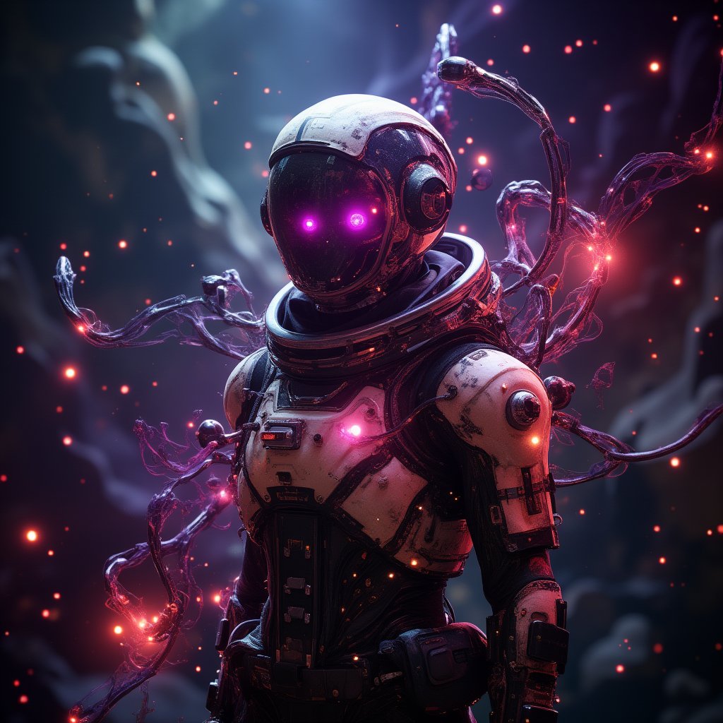 Made of, glowing plasma streams, space adventurer, with visible robotic enhancements, in high-tech space suit, Intricate details, 8k, cinematic, subsurface scattering,noc-space