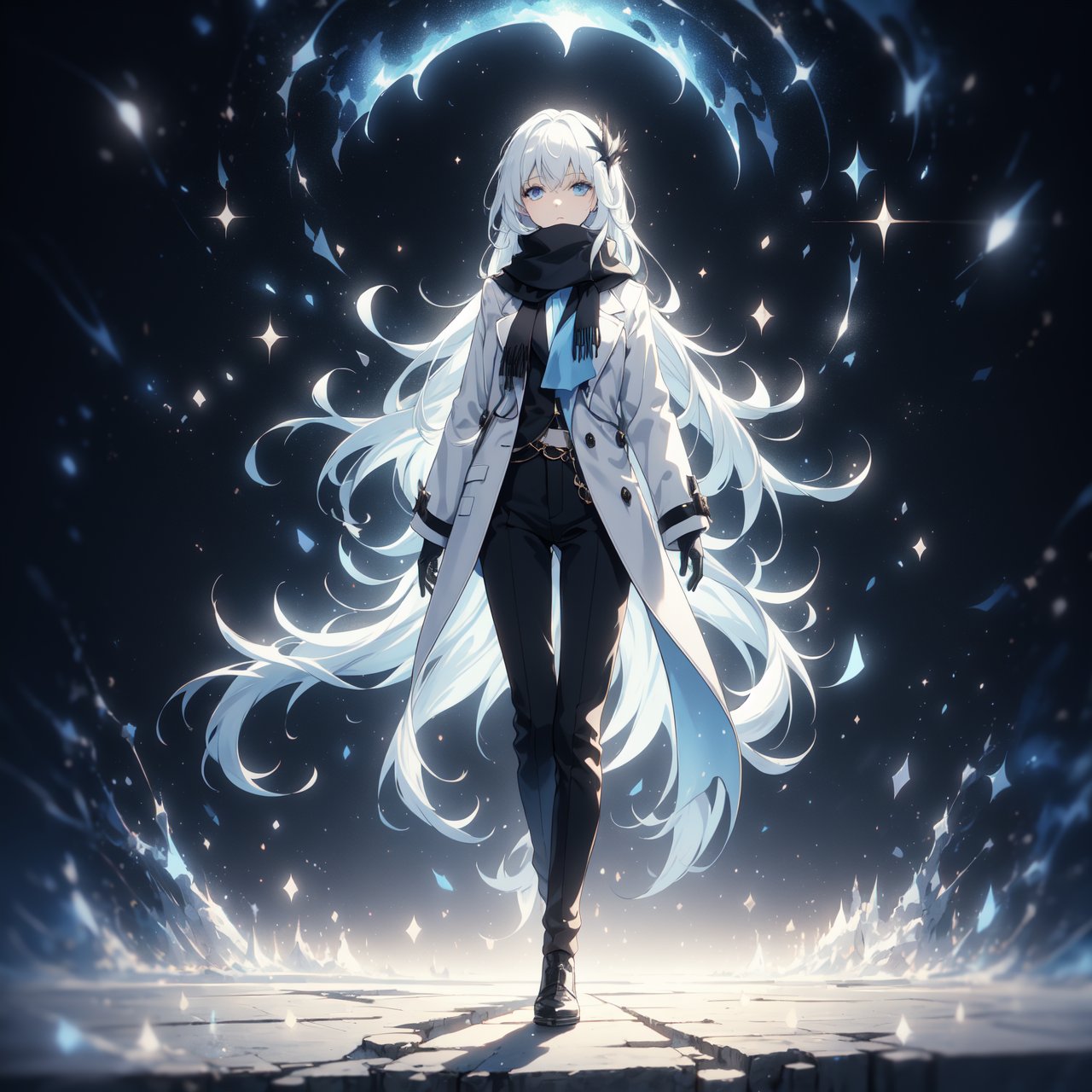 long hair, white hair, light blue eyes, 1 woman, black and white coat, black pants, standing blue scarf, looking at the sky, night, starry sky, snowing, beautiful hands.,noc-mgptcls