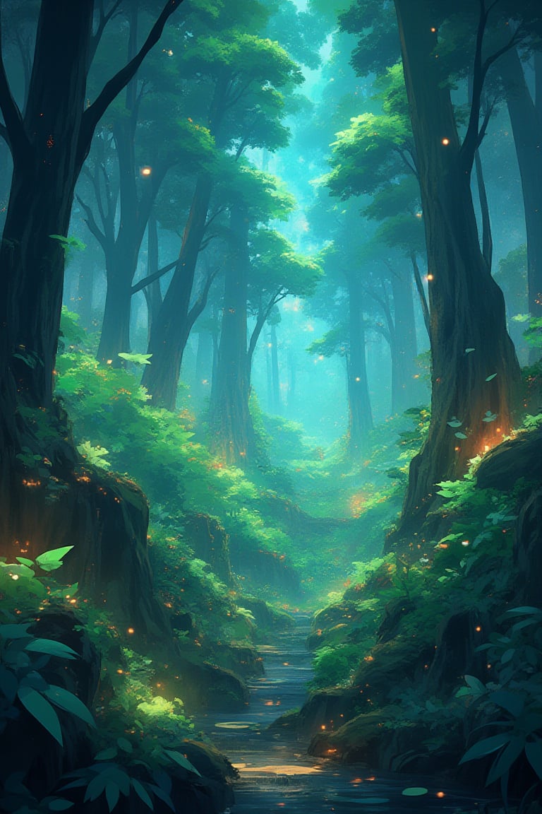 Viral anime nature wallpaper in 4K quality, in the style of digital illustration inspired by Hayao Miyazaki, featuring a serene forest with towering ancient trees, dappled sunlight filtering through the leaves, a gentle stream flowing through the scene, and mystical creatures peeking from behind the foliage; vibrant and warm color temperature, cosmos lighting with stars twinkling in the sky, no human characters, the atmosphere is tranquil and enchanting --v 5 --stylize 1000,noc-detail