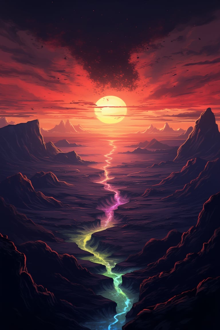 "An apocalyptic scene where the sky is dyed in dramatic colors: deep shades of red, purple and orange illuminate the horizon, mixing with shadows of black and dark gray. In the center, a sun collapsing into a black hole, surrounded by fragments of stars falling from the sky like dust. The earth below is full of cracks that emit flashes of blue and neon green light, like the last vestiges of life escaping the planet. In the distance, mountains crumbling and an ocean in apocalyptic calm, tinged with colors. dark and bright at the same time."

This approach mixes the chaos of the end with intense, vibrant colors that evoke both destruction and beauty.,midjourney