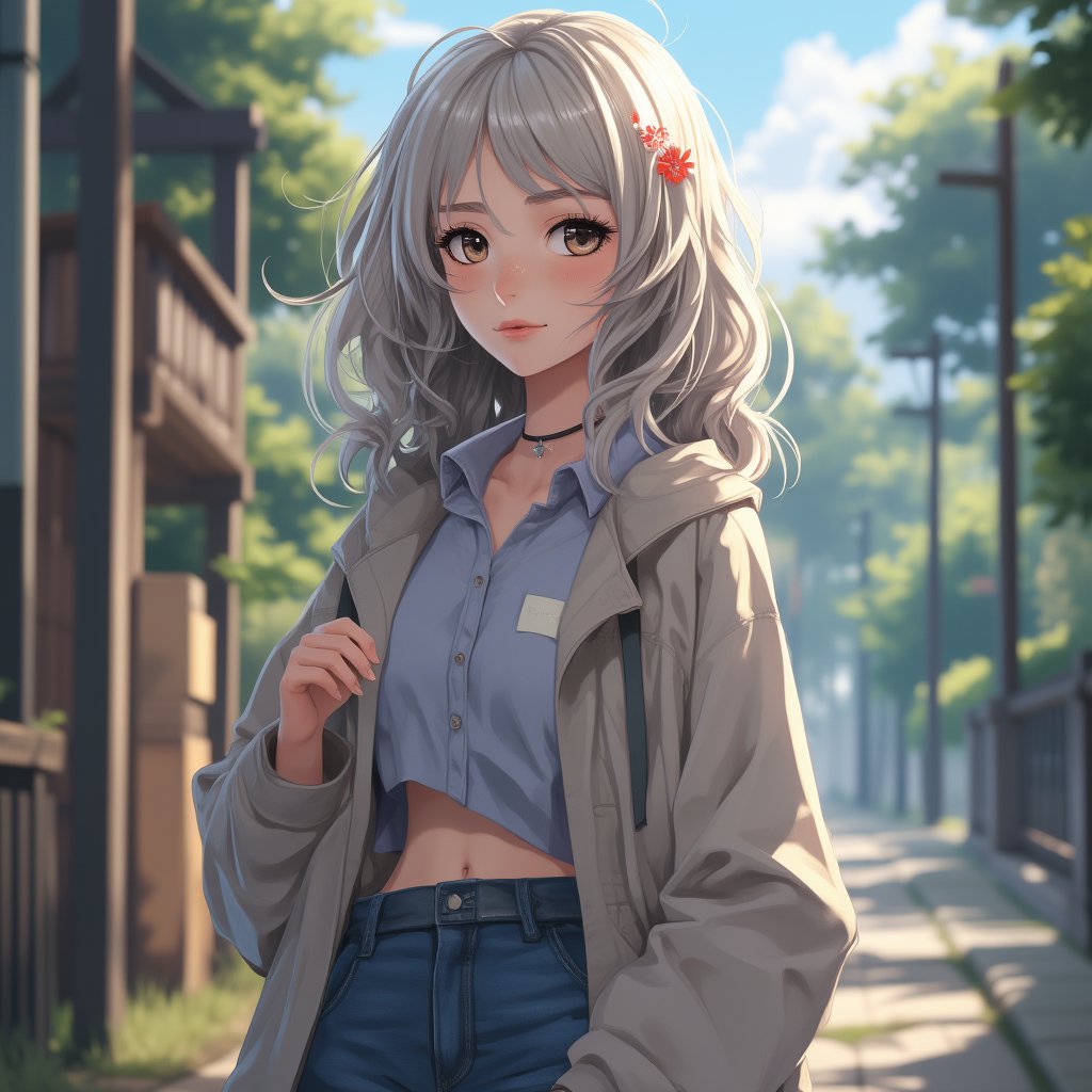 1girl, casual outfit, outdoors, looking at viewer, medium hair, close view,midjourney,anime