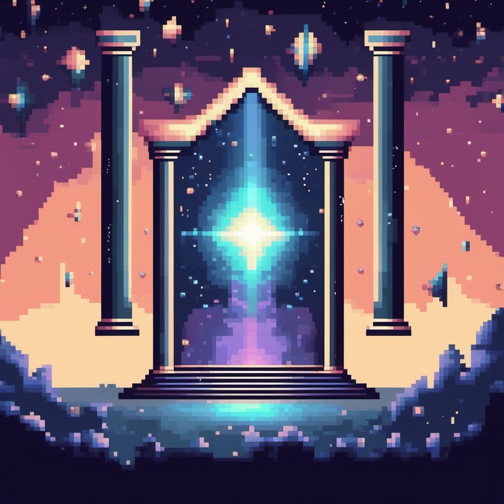 outer_space, falling stars, pillars, shield,pixel style