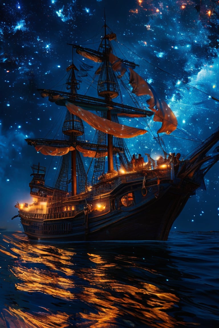 Captain's triumphant return: A majestic pirate ship, adorned with billowing sails and lanterns aglow, majestically glides into a bioluminescent sea illuminated by a swirling galaxy above. Fireflies dance across the waves, as if welcoming the vessel home. Framed by the starry night sky, this XL 4K ultra-high definition action shot captures the drama of the moment.