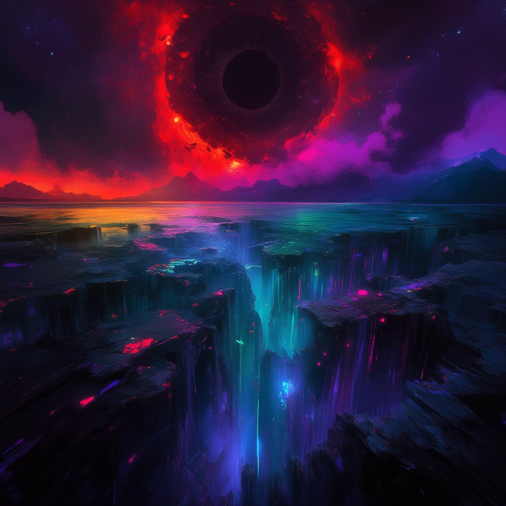 "An apocalyptic scene where the sky is dyed in dramatic colors: deep shades of red, purple and orange illuminate the horizon, mixing with shadows of black and dark gray. In the center, a sun collapsing into a black hole, surrounded by fragments of stars falling from the sky like dust. The earth below is full of cracks that emit flashes of blue and neon green light, like the last vestiges of life escaping the planet. In the distance, mountains crumbling and an ocean in apocalyptic calm, tinged with colors. dark and bright at the same time."

This approach mixes the chaos of the end with intense, vibrant colors that evoke both destruction and beauty.,midjourney,noc-futuristic,niji