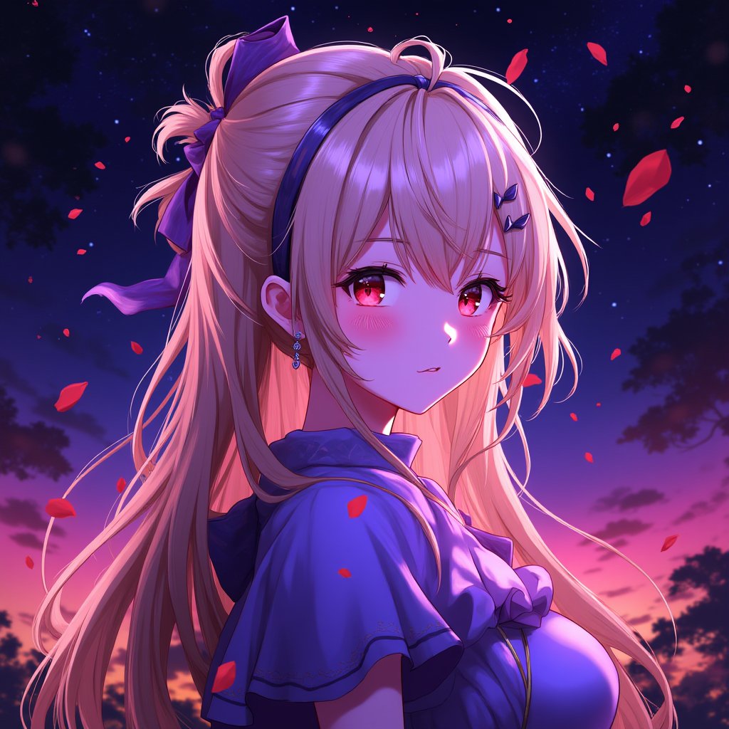 vibrant color, cinematic lights, anime, girl, blonde, dress, shy, park background