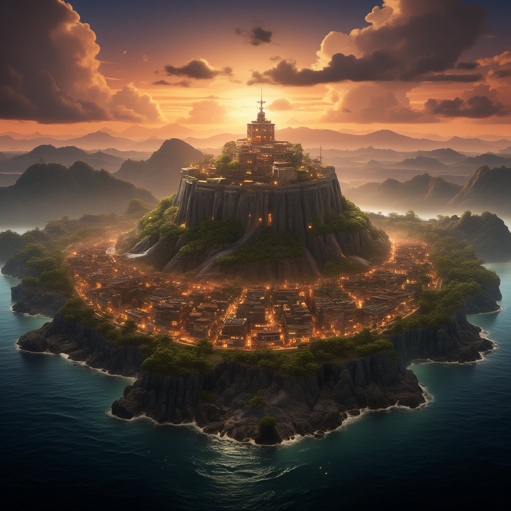 digital render of a town in the sunset, tropical island, view from the sky, ancient city, sea, ancient civilitation,noc-detail,midjourney