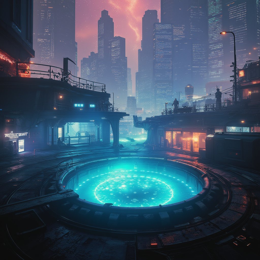 cyberpunk metropolis, train station, tidal pool,meteor shower peak,noc-fantasy