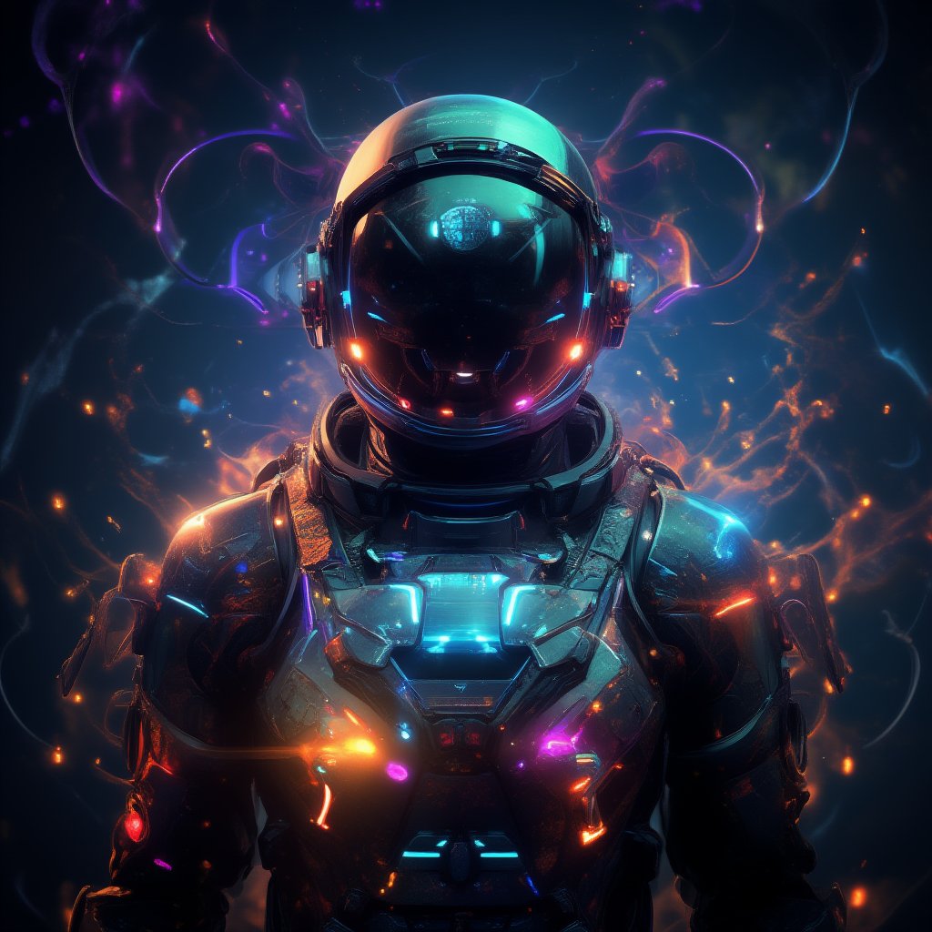 Made of, glowing plasma streams, space adventurer, with visible robotic enhancements, in high-tech space suit, Intricate details, 8k, cinematic, subsurface scattering,noc-space,niji