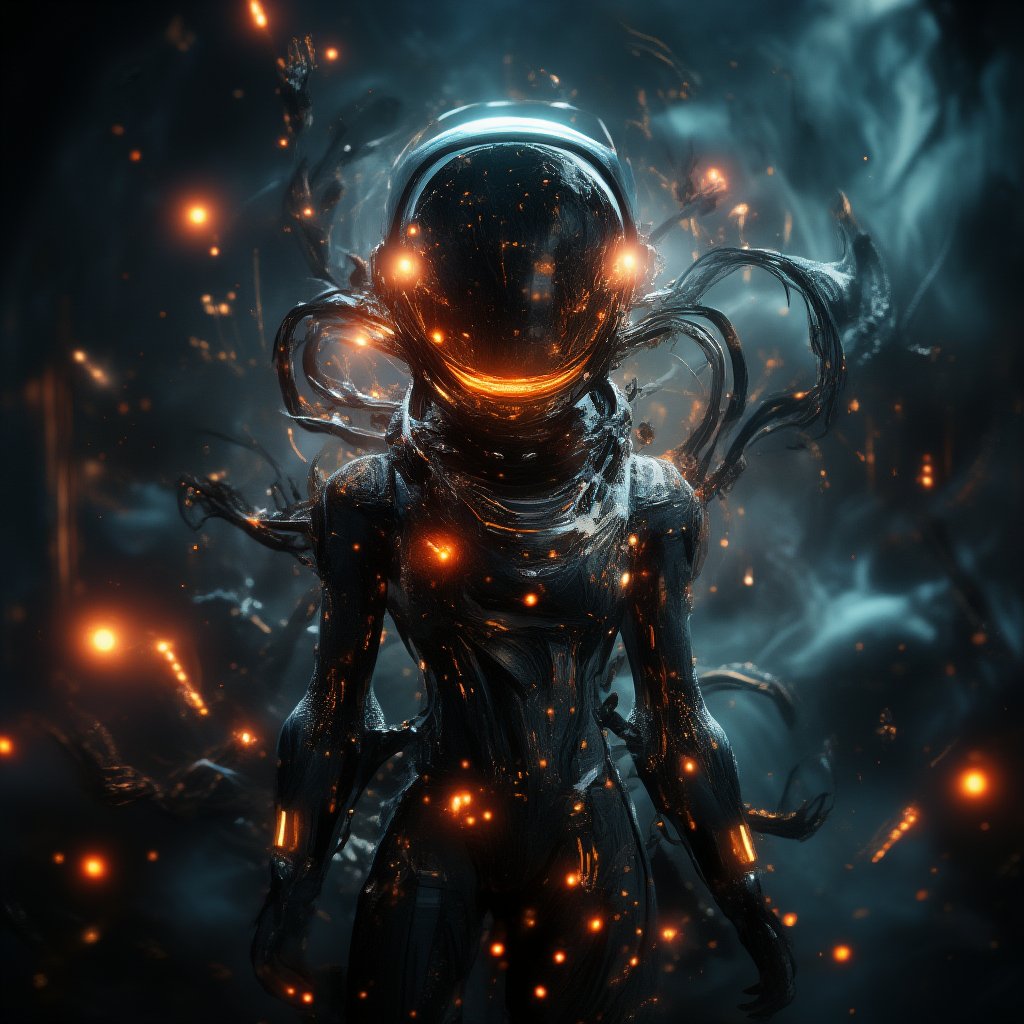 Made of, glowing plasma streams, space adventurer, with visible robotic enhancements, in high-tech space suit, Intricate details, 8k, cinematic, subsurface scattering,noc-space,niji