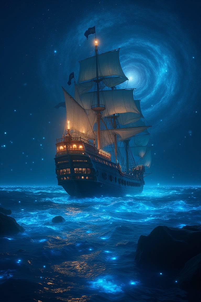 Captain's triumphant return: A majestic pirate ship, adorned with billowing sails and lanterns aglow, majestically glides into a bioluminescent sea illuminated by a swirling galaxy above. Fireflies dance across the waves, as if welcoming the vessel home. Framed by the starry night sky, this XL 4K ultra-high definition action shot captures the drama of the moment.,noc-futuristic