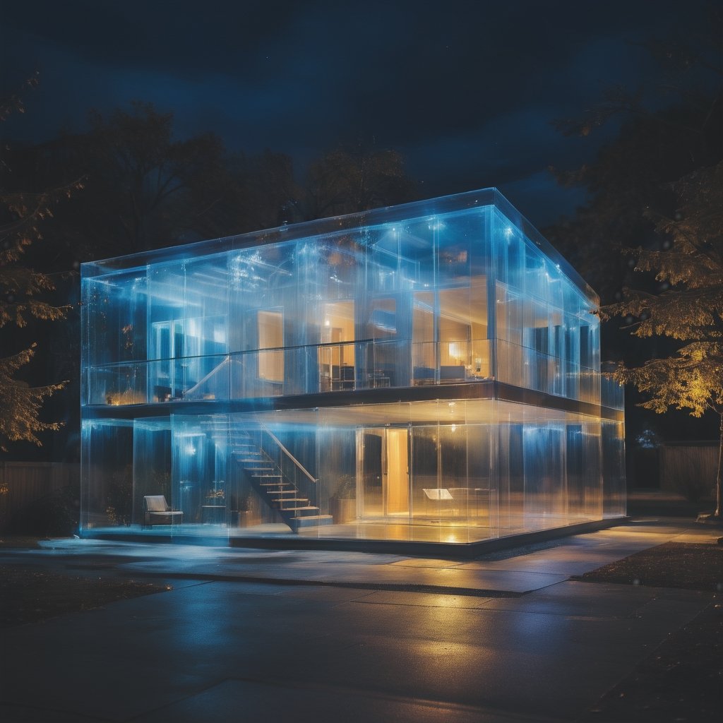 a photo of transparent house at night