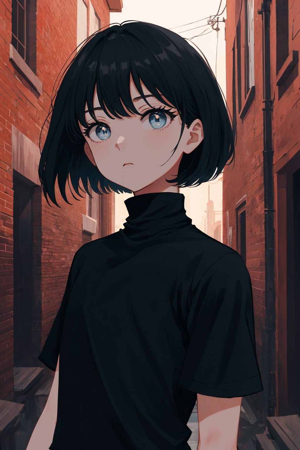 masterpiece, high quality, highres, 2D, illustration, upper body, face focus, 1girl, black hair, bobcut, bangs, blue eyes, closed mouth, black shirt, short sleeves, turtleneck, city, standing in an alley