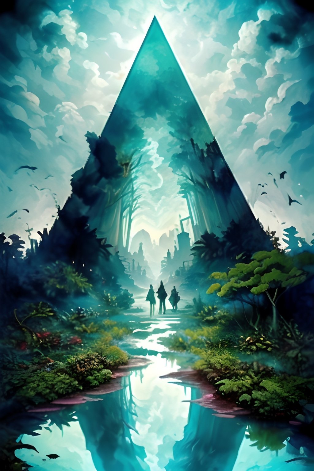 a bizarre dreamlike depiction of exploring the unknown, (1 white boy , 1 Japanese girl), dark hair, holding hands, looking at sky, exploring a dark magical fantasy forest with twisted ancient trees, ancient magical ruins, hidden creatures, walking on reflection, path toward eye in pyramid, dreamscape, bizarre hallucinations, dreampunk, ghosts in mist, incredible artwork, painting, best quality, beautiful, perfect detail, ornate, rule of thirds, creepy, strange creatures, Fae ,magic Circle, magic patterns,Leonardo Style,Movie Still,dfdd,lofi, illustration,vector art,EpicSky