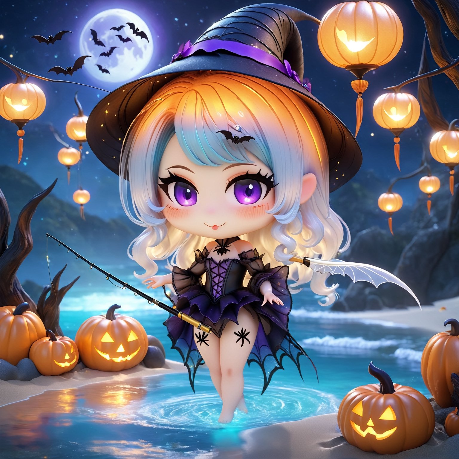 a Halloween-themed beach, where a mischievous faerie is seen fishing in the moonlit waters. The beach is adorned with mystical decorations, such as glowing pumpkins and ethereal lanterns, creating an enchanting atmosphere. The faerie, with her shimmering wings and playful expression, casts her line into the sea, using a magical fishing rod crafted from spider silk and moonlight.,halloween,chibi