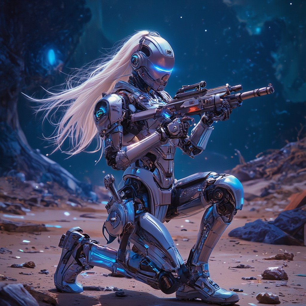 Score_9, score_8_up, score_7_up, In a vivid anime-style acrylic painting, a lone girl stands proudly on one knee, her long white hair flowing behind her. Her piercing blue eyes gaze down the length of an assault rifle, its sleek design and robotic joints a testament to her android physiology. A bodysuit and helmet encase her lithe form, while a pouch adorns her belt, holding various gadgets and ammunition. In her hand, she grips the rifle tightly, the scope and suppressor at the ready. Her full body armor gleams in the light, showcasing her readiness for battle in this sci-fi world of robots and androids. Movie special effects grade style.,noc-futuristic