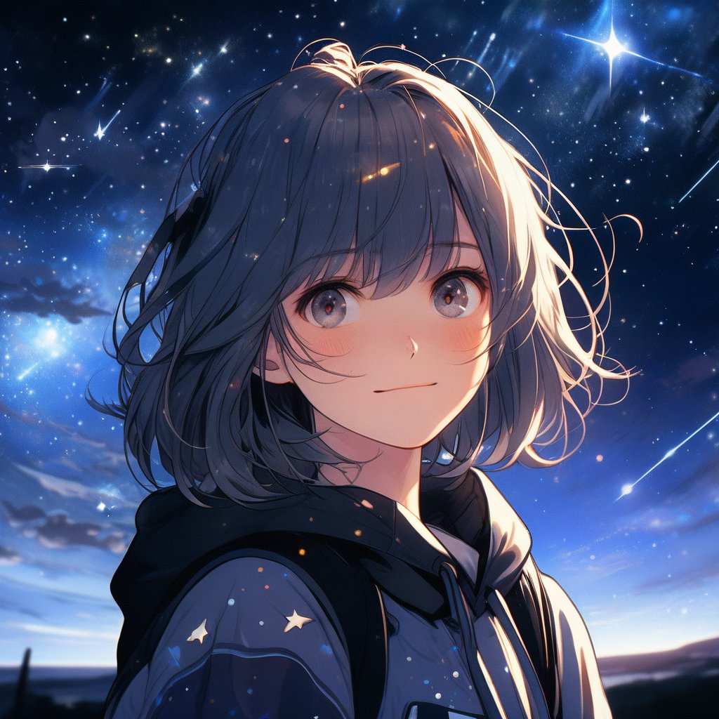 1girl, casual outfit, outdoors, looking at viewer, medium hair, close view,starry sky, sky, night,midjourney,anime,noc-space