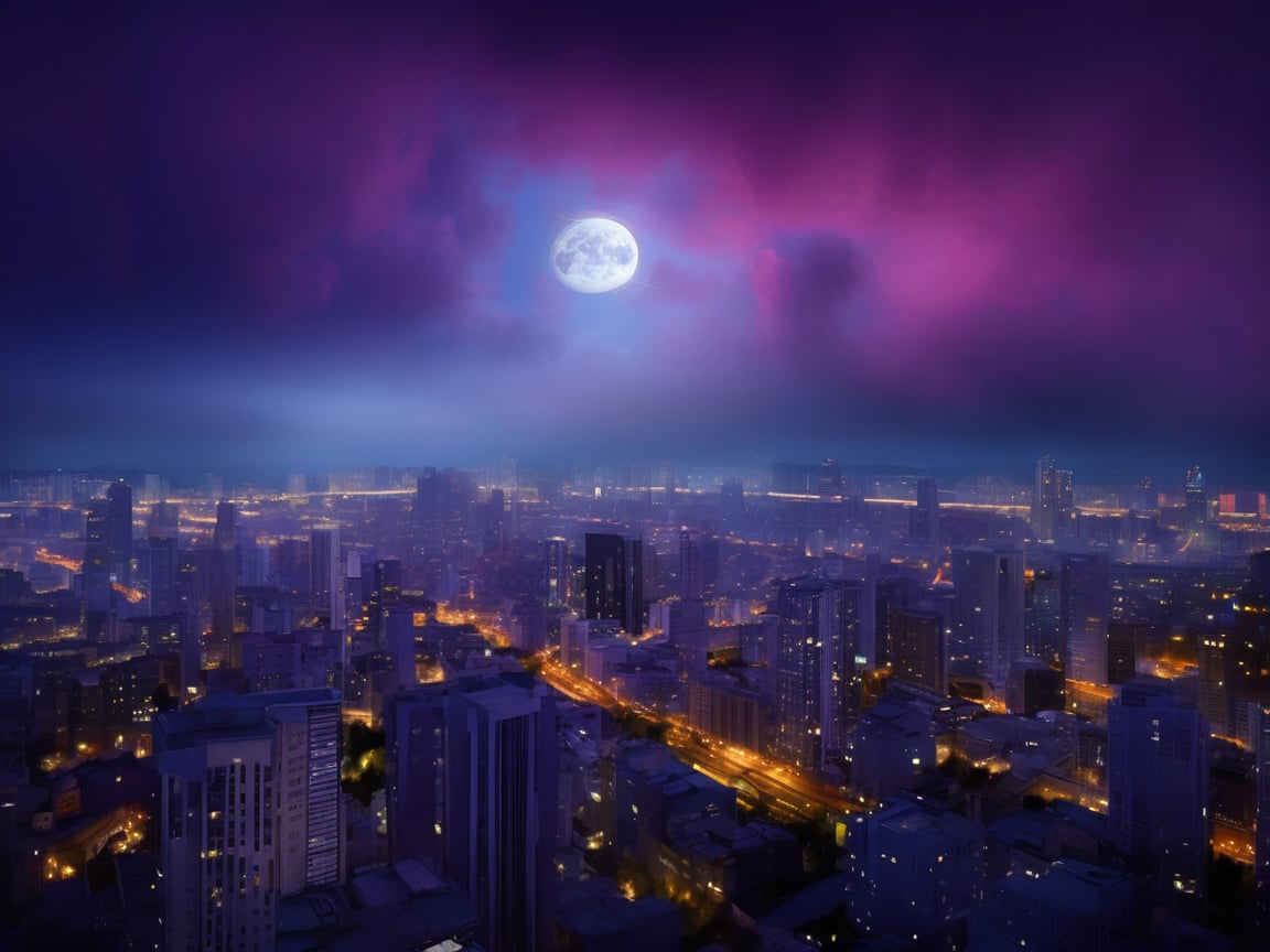 night, cloud lumened by city, bright moon, dark-gray-purple sky; sky scrapers square and rectangular skyscrapers with white frequent square windows, shades of skyscraper windows: dark blue, dark turquoise. The roofs of skyscrapers from dark squares or illuminated with a dim blue border,noc-space