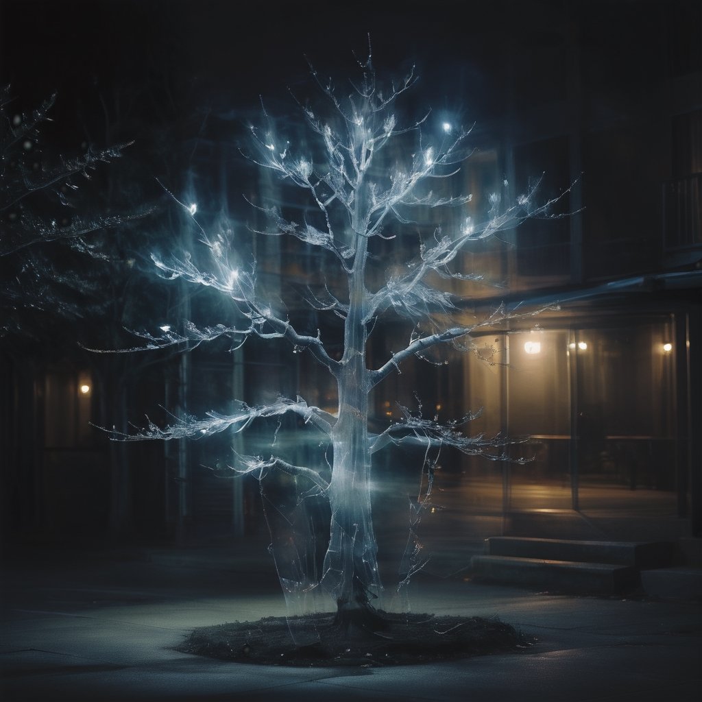 a photo of transparent tree at night