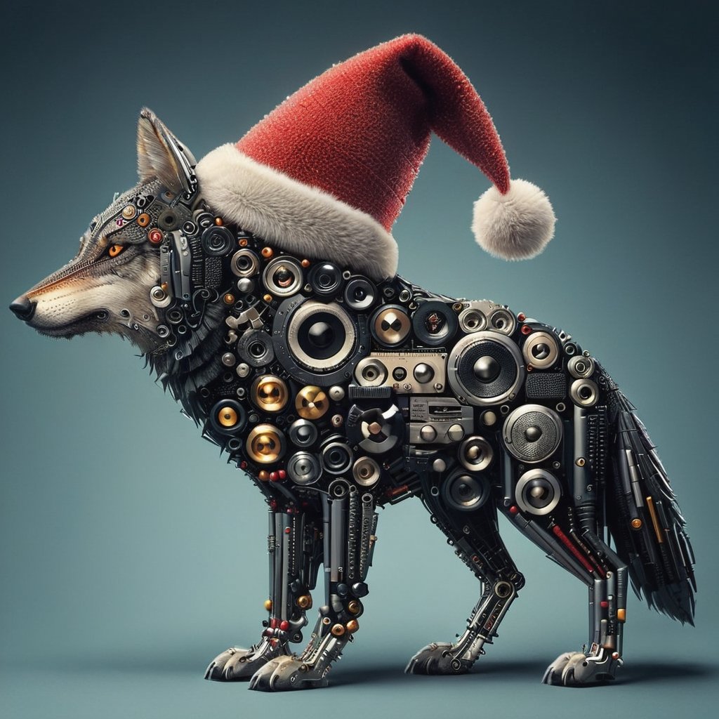 a wild digitalste wolf, surprisingly adorned with a festive Christmas hat. The wolf's piercing gaze, coupled with its rhythmic paw movements, creates an awe-inspiring and mesmerizing performance. 