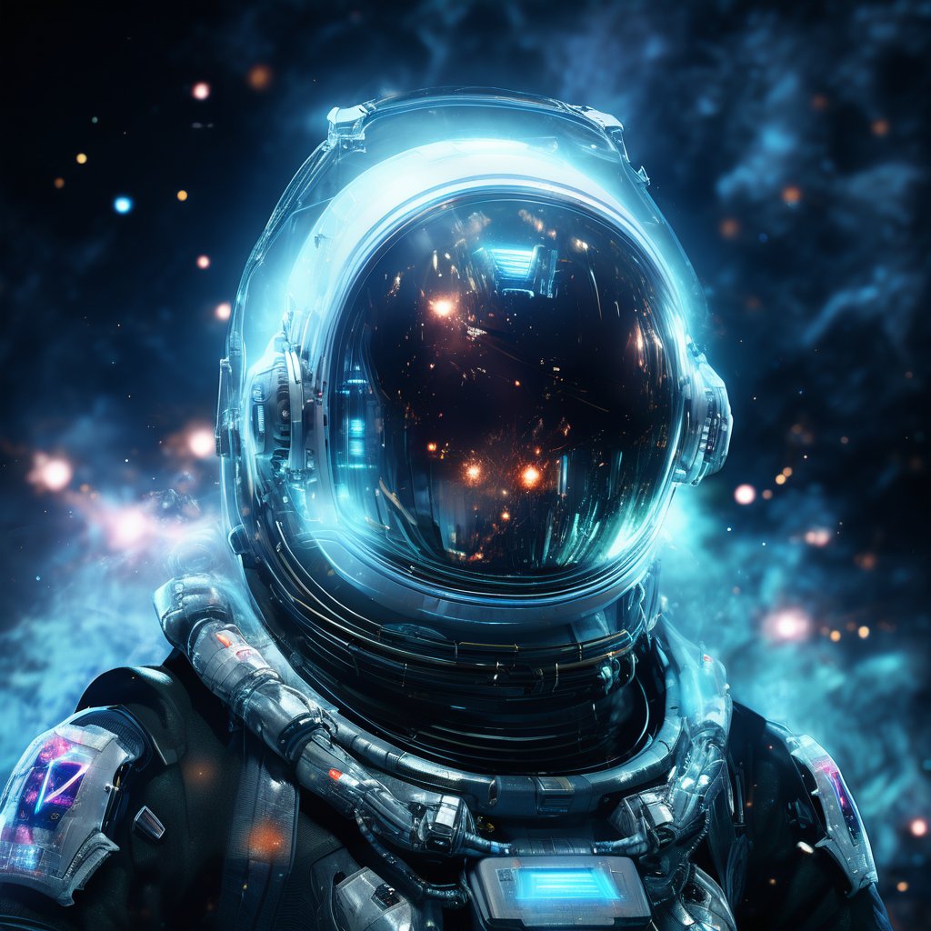 Made of, glowing plasma streams, space adventurer, with visible robotic enhancements, in high-tech space suit, Intricate details, 8k, cinematic, subsurface scattering,noc-space