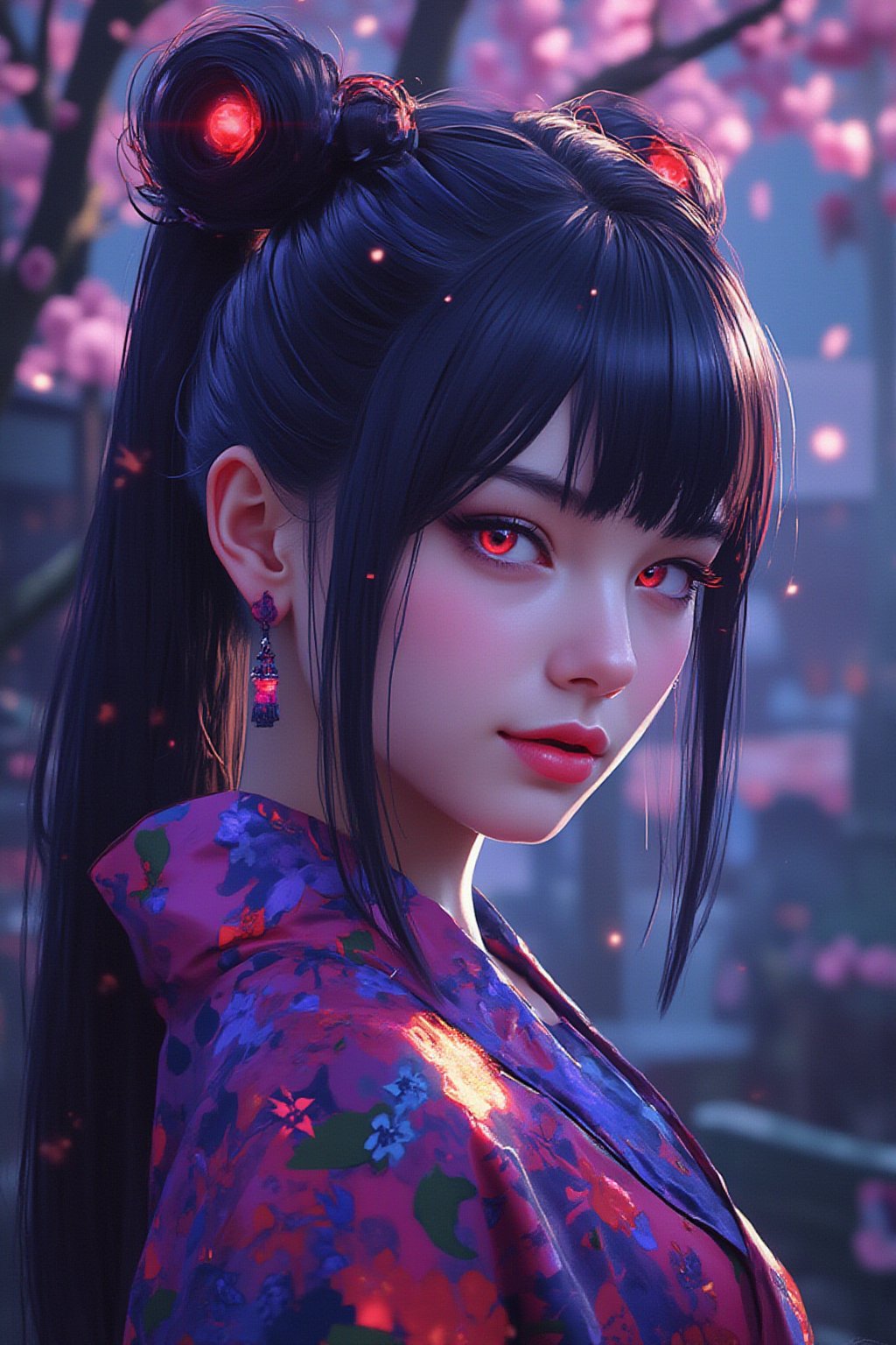 ((((futuremadness, , anime style, vivid colors, flat style, gradient, fluorecent , cyberpunk  cyborg)))), 1girl, solo, looking at viewer, smile, bangs, black hair, hair ornament, red eyes, bow, jewelry, closed mouth, upper body, flower, earrings, outdoors, japanese clothes, pink eyes, kimono, blurry, tree, lips, parted bangs, eyelashes, makeup, depth of field, blurry background, floral print, cherry blossoms, tassel, hair rings, nose,noc-futuristic