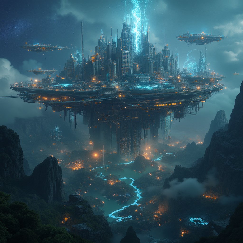 A colossal futuristic city floating above a distant alien planet, surrounded by glowing nebulae and distant stars. The city is a labyrinth of towering skyscrapers, shimmering with neon lights, connected by sleek, floating bridges. Giant ships glide through the air, leaving trails of light. Below, the planet's surface is a mix of dense alien forests and shimmering lakes, bathed in the light of twin suns. The atmosphere is surreal, with mist swirling around the edges of the city, and glowing holograms projected in the air,noc-futuristic