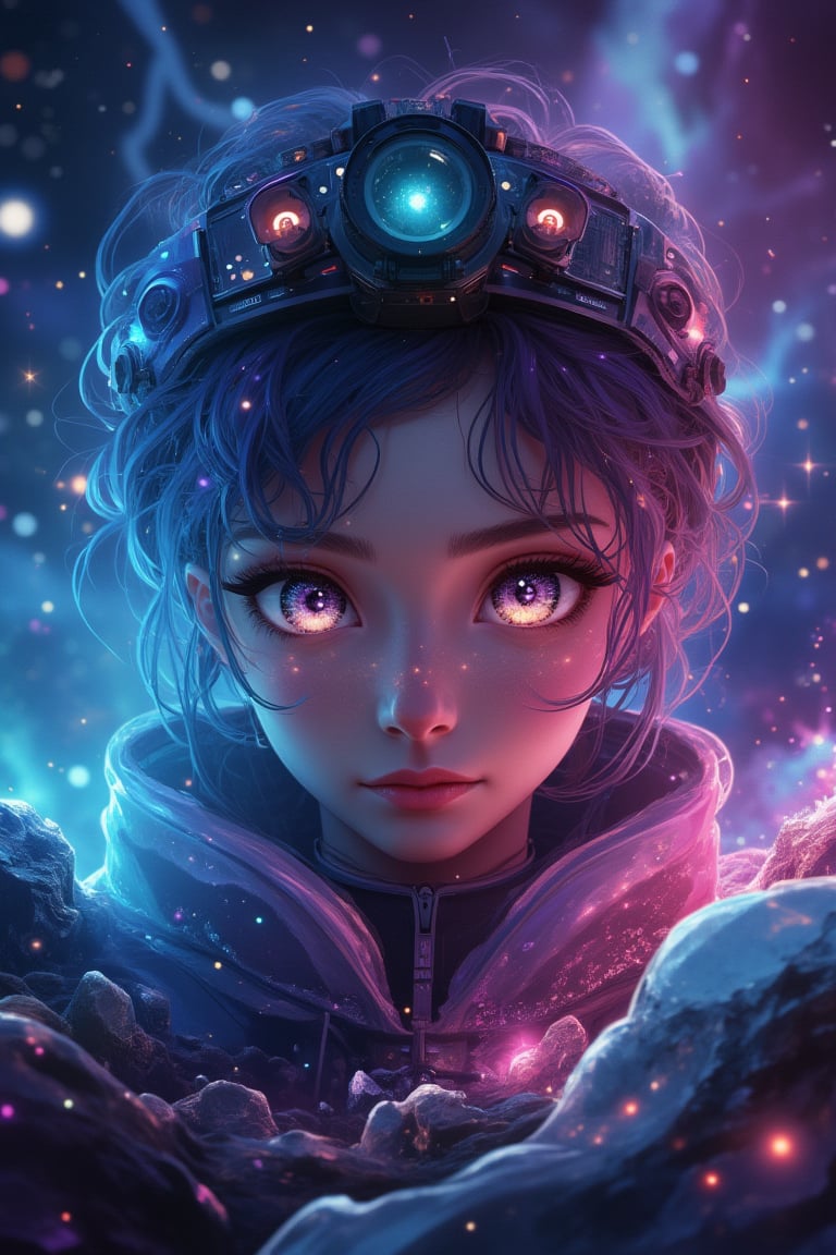 1 girl portrait, charming, nature, neon light, look at viewer,Anime Style, ice, space background,noc-space