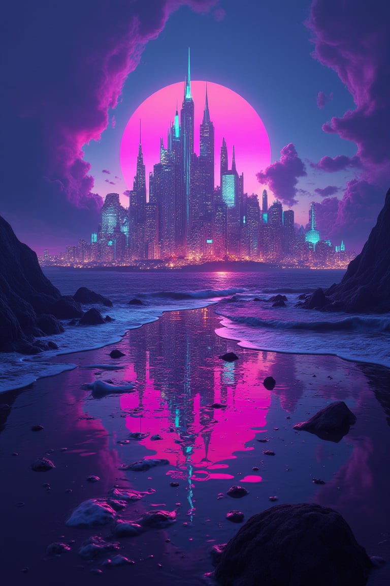 an alien city, reflected in the ocean surrounding it, masterpiece, neon splash art, vibrant surreal colours.,niji,,noc-fantasy