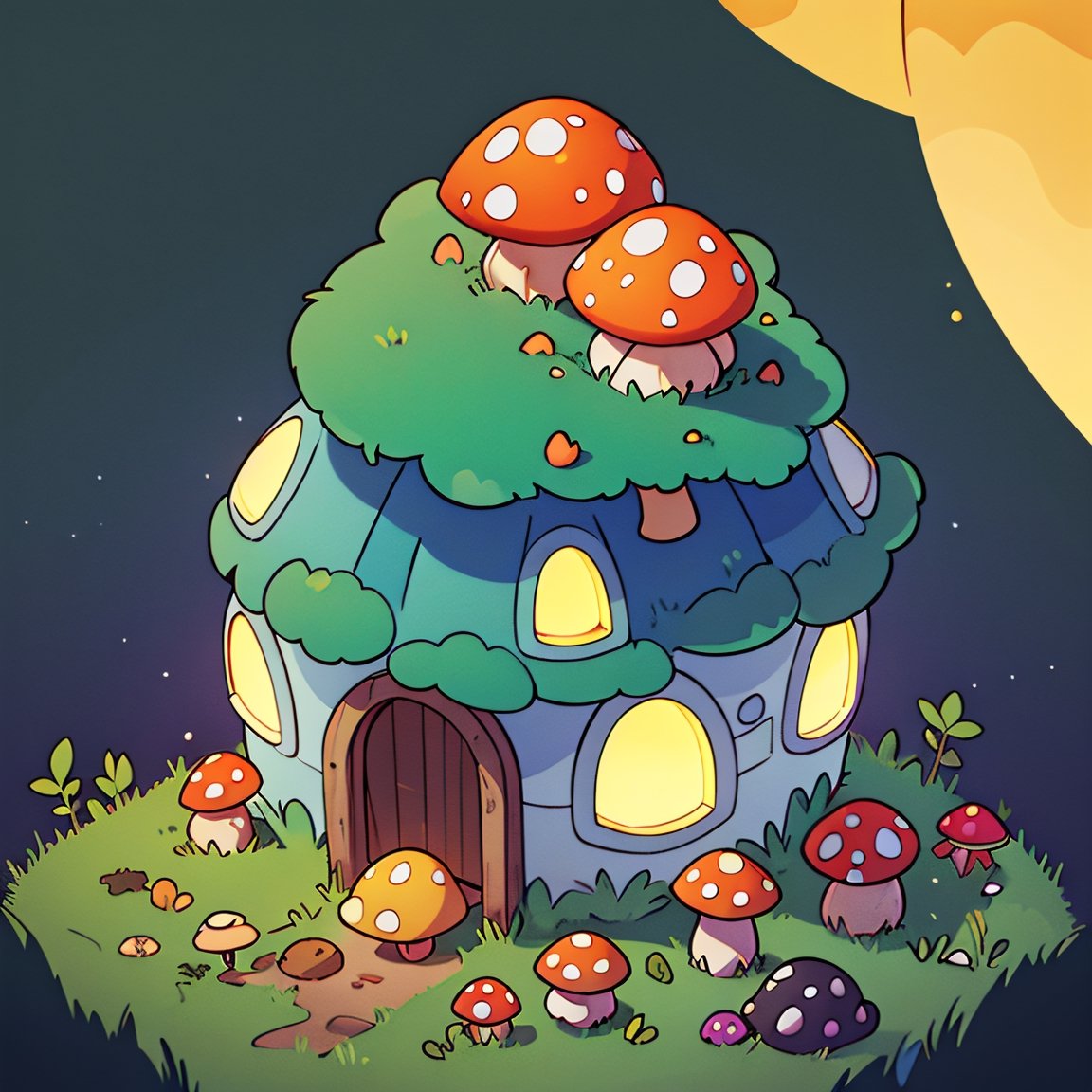 ((masterpiece,best quality)), absurdres, , Isometric_Setting, Mushroom_Girl, mushrooms, Mushroom house, magic, glowing,  